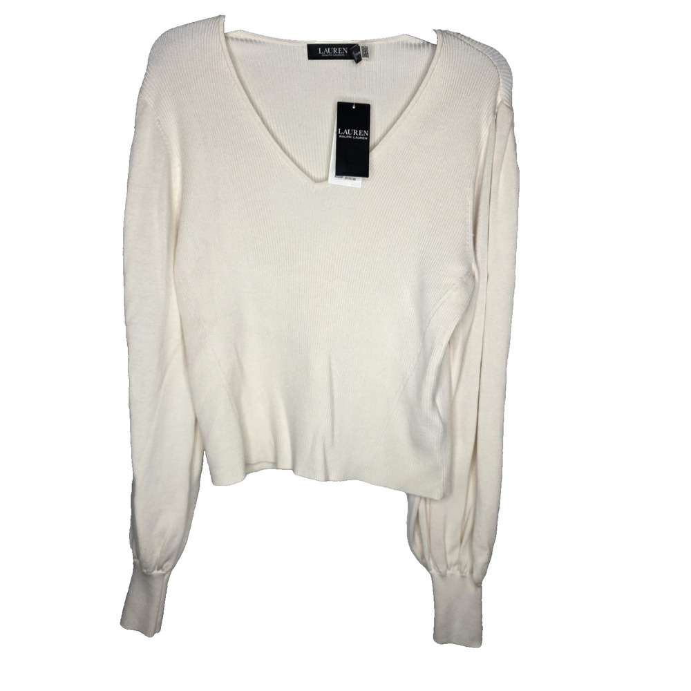 Lauren Ralph Lauren Womens XL Sweater Cream Rib Knit Balloon Sleeves V Neck Top